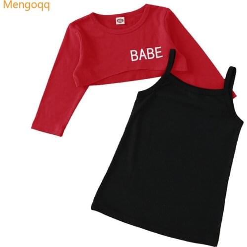 Fashion Girls Autumn Long Sleeve Solid Letter Top T-shirt Off Shoulder Knee-length Dress Infant Kids Baby Clothes Set 2pcs 3-24M