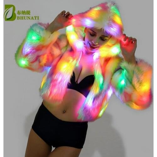 LED furry coat stage costumes female costume 4XL LED luminous clothing jacket dance show faux fur coats star discotheque