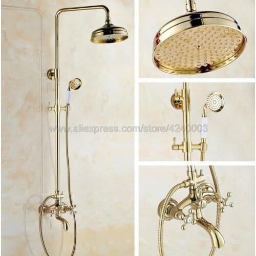 Luxury Gold Color Brass 8 inch Shower Head Bathroom Shower Faucet Sets Double Handles Mixer Tap with Tub Spout Kgf451