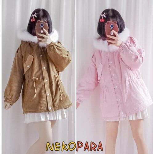 Cute Womens Winter Coat School Girls' Warm Bread Style Corduroy Loose Thicken Cotton Jacket Sweet Pink Brown