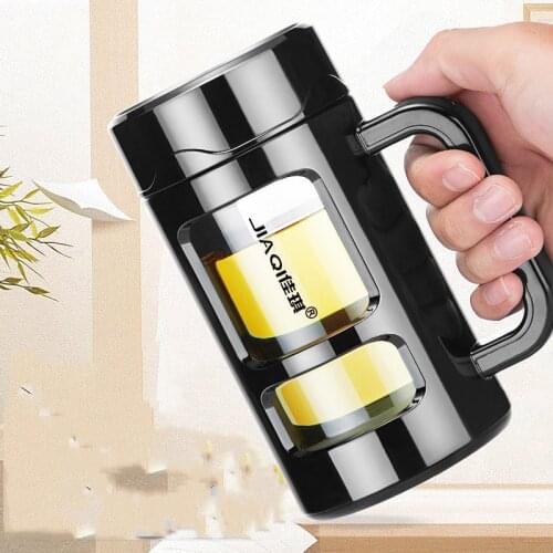 Glass cup household with handle cup filter office cup double layer with lid bubble large capacity