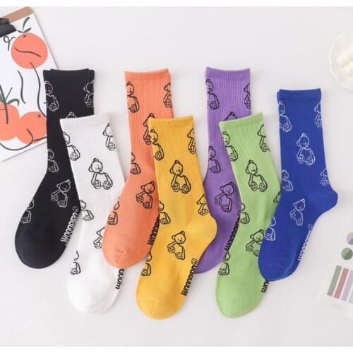 Spring, Autumn and Winter Womens Cotton Tie Socks Fashion Bear Socks Cute Cartoon Color Womens Socks Harajuku Christmas Gifts