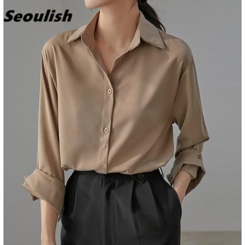 Seoulish Spring Autumn Elegant OL Style Formal Womens Blouse Turn-down Single Breasted Long Sleeve Shirts Female Workwear Tops