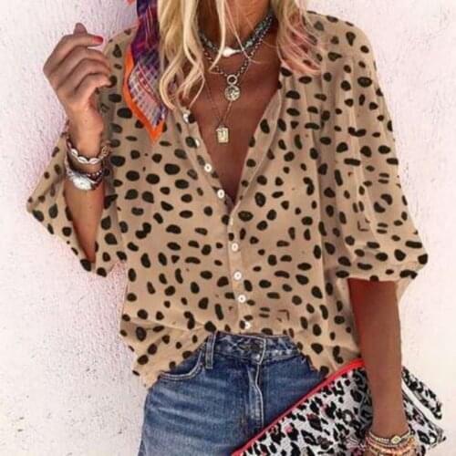 Women Shirts Half Sleeve Leopard Print V-neck Casual Chiffon Tops Retro Loose 2021 Summer Clothing Traf Streetwear Woman Blouses