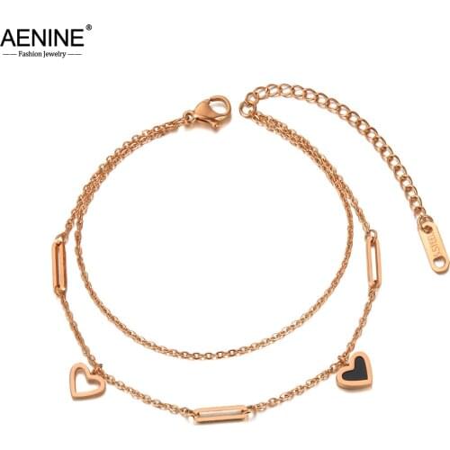 AENINE Trendy Bohemia Stainless Steel Double Layer Heart Charm Bracelets For Women CZ Crystal Chain Link Jewelry AB20109