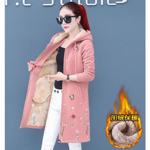 Plus Velvet Padded Embroidery Hooded Coat Women 2021 Winter New Lamb Wool Mid-Length Overcoat Fashion Jacket Female Outerwear