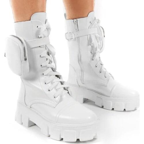 Winter Fashion Motorcycle Boots Wedges Flat Boots Woman High Heel Platform PU Leather Boots Lace Up Women Shoes Black Booties