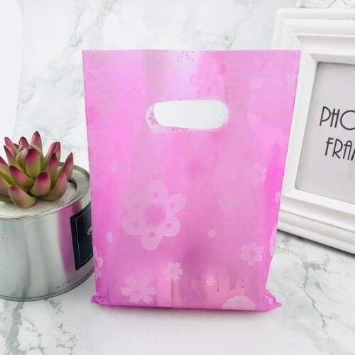 100pcs 15x20cm Pink Flower Plastic Gift Bag With Handles Mini Cute Plastic Boutique Gift Shopping Handle Bags