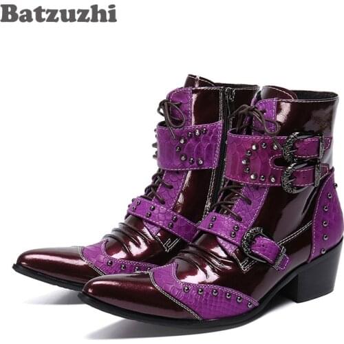 Batzuzhi New Handmade Leather Boots Men Punk Rock Leather Men Boots Lace-up Buckle Party Motorcycle Botas Hombre,Big Size US6-12
