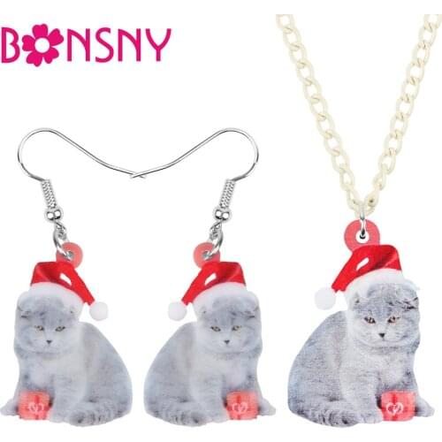 Bonsny Acrylic Christmas Hat Scottish Fold Cats Jewelry Sets Necklace Earrings Animal Jewelry For Women Girls Teens Charms Gift