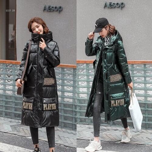 Long Winter Glossy Jackets Womens Warm Cotton Coat Parkas Woman Hooded Down Jacket Overcoat Loose Womens Black/Green Glossy Coat