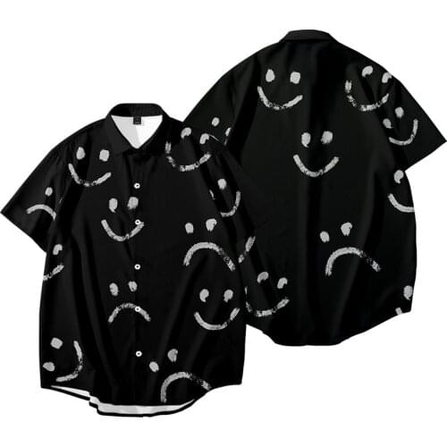 2021 Summer New Mens Holiday Beach Style Short Sleeve Hawaiian Loose Shirts Black Smile Printing Casual Shirt For Men Blouse