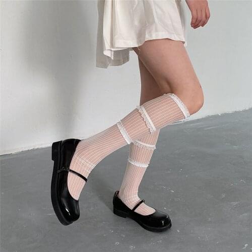 Lolita Lace Socks Women Transparent Stripe Stockings Thin High Knee Socks Female Long Socks Leg Summer Dress Calcetine Medias