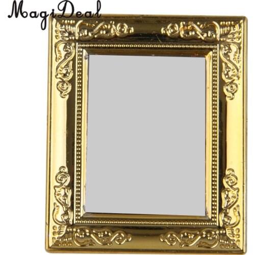 MagiDeal Fashion Design 1Pc 1/12 Scale Dollhouse Golden Frame Mirror for Dolls Miniature Bathroom Furniture Kids Classic Toy