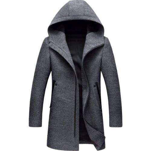 Shanghai Story Mens Fall And Winter Warm Hooded Woolen Coat Solid Color Male Fashion Long Coats And Jackets Zipper Overcoat Man
