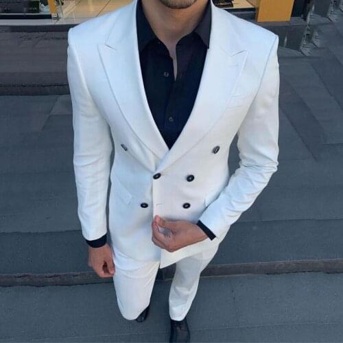 White Slim fit Casual Men Suits for Wedding Prom with Double Breasted 2 piece Custom Groom Tuxedo Man Fashion Clothes 2020