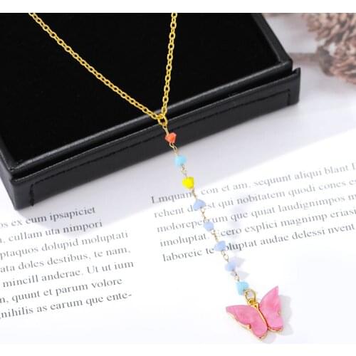 Fashion Tiny Butterfly Initial Necklace Pink Butterfly Color Chain Necklace Choker Necklace Collier Femme Jewelry Gift Accessory