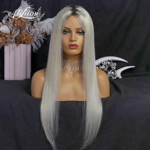 ALIFITOV Platinum Blonde Lace Front Wig Pre Plucked Silky Straight Wig With Brown Roots Remy Hair Human Hair Wigs For Women