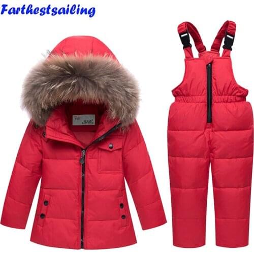 2018 New Winter Baby Boys Girls Duck Down Snowsuits Jacket Children Fur Parkas Ski Set Russia -30 Degrees Kids Clothes Overalls