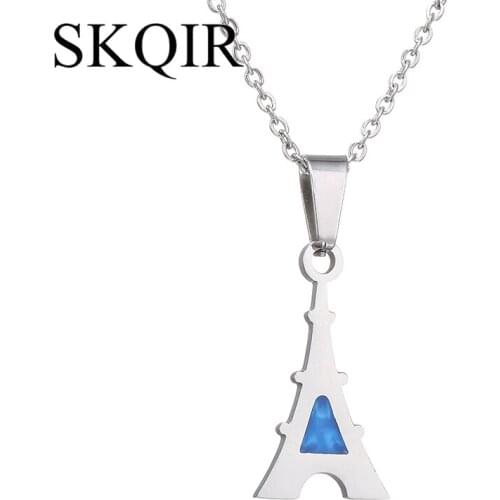 Romantic Eiffel Tower Pendant Necklace Stainless Steel Chain Necklace Triangle Opal Chock for Women Jewellry Couple Lover Gift
