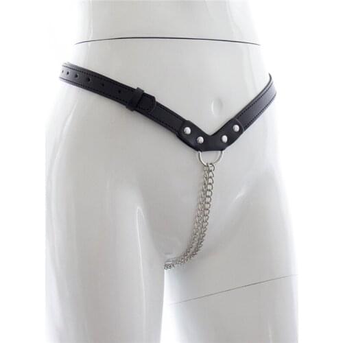 Sexy Female Exotic PU Leather Panties Black Chain Thong Chastity Belt Adjustable Underwear Bondage for Women