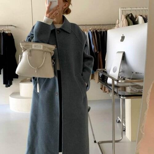 Woolen Overcoat Outerwear Cardigan Women Winter Brief Long Wool Coat Jacket with Belt Turn-Down Collar Coverd Button