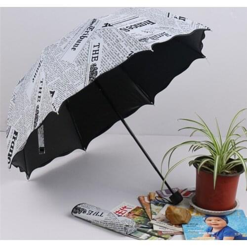 Newspaper Printing Three Folding Umbrellas Woman Lady Princess Dome Parasol Sun Rain Umbrella Flouncing Folding Lotus Leaves