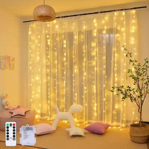 3X3M 300 LED Curtain Icicle Fairy String Lights Battery Powered Copper Wire LED Christmas Wedding Party Bedroom Fairy Lamps