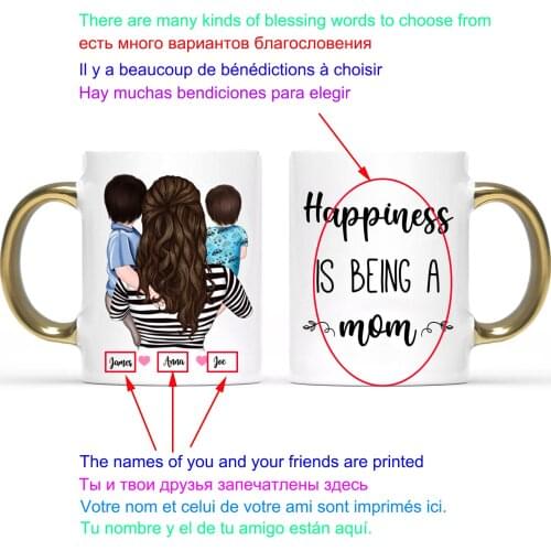 Creative Gold handle DIY mug Personalized Coffee Mug Family Mom and two son cup Happiness Is Being A Mom Gift Mugs Cups
