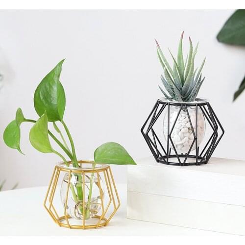Vase Metal Nordic Golden Glass Vase Hydroponic Plant Flower Home Decor Modern Terrarium Geometric Plant Holder Iron Line Vase