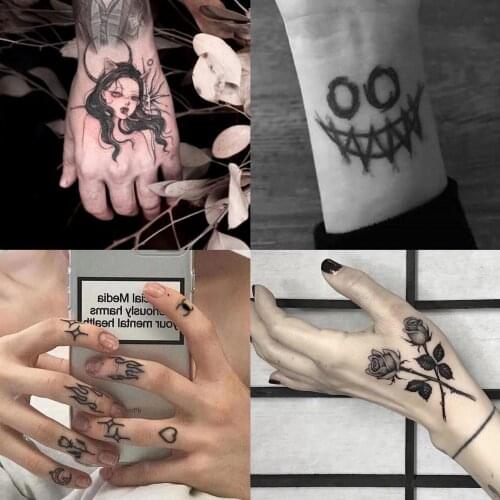 30pcs Temporary Tattoos Girl Grimace Rose Flame Electrocardiogram Smiling Face Letter Tatoo Sticker Fake Tattoo Cute Waterproof