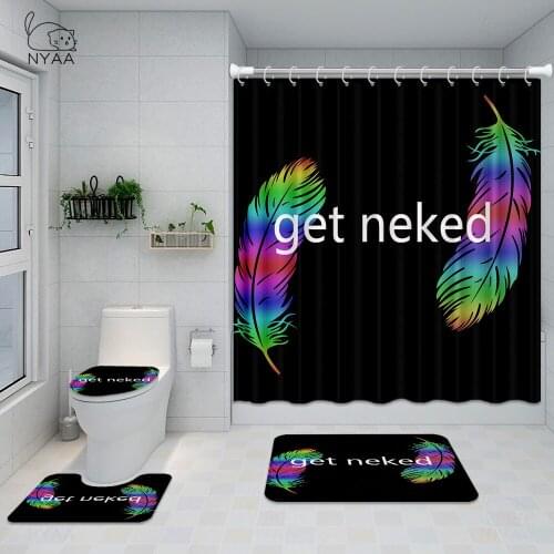 Get Naked Bathroom Shower Curtain With Mat Sets Letter Print 4 Piece Set Feather Printed Non-slip Rug Toilet Cover Bath Mat Pad