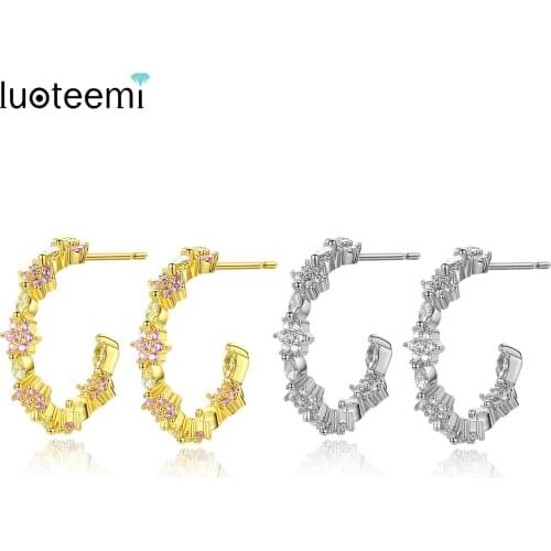 LUOTEEMI Two Colors Big Hoop Earrings for Women Cute Flower Cubic Zircons Jewelry Ingenious Simple Style Earring for Friend
