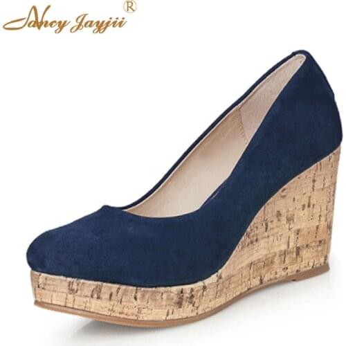 Navy Blue Wedges Platform Heels Pumps Woman Cork Pattern Comfortable Ladies Shoes For Womens Casual Footwear Size 44 45 Slip On