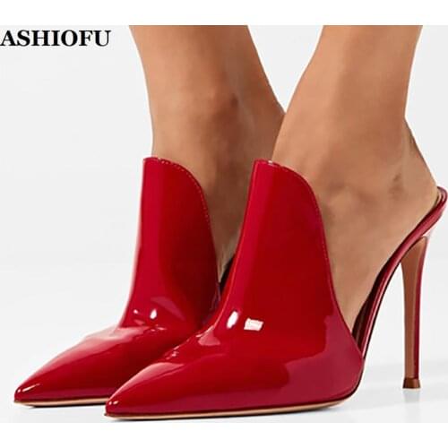 ASHIOFU Handmade Real Picture Ladies High Heel Slippers Patent Leather Sexy Party Shoes Evening Club Fashion Slipper Shoes