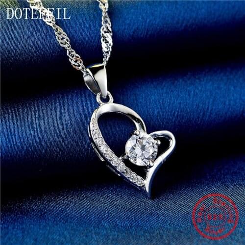 100% Sterling Silver Necklace Women AAA 5mm Zircon Fashion Charm Heart Pendant Silver Necklace Luxury Jewelry