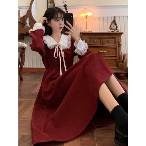 Korean long-sleeved womens retro kawaii ruffle dress womens forest girl dress