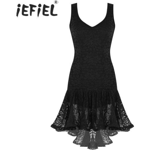 Womens Ruffled Dancing Competition Dress High Low for Latin Samba Dance Dress Gymnastics Dancewear Adult Performance Costumes