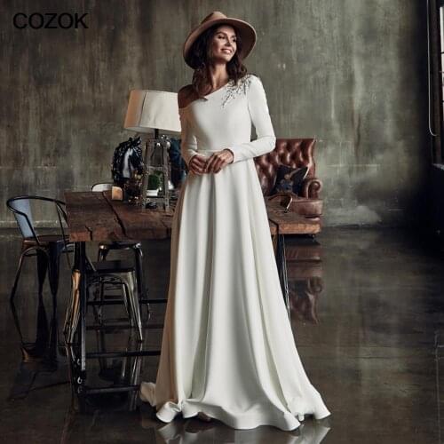 BOHO One Shoulder A Line Wedding Dresses Spandex Beading A Line Bridal Gown With Belt Long Sleeves Vestido De Novia