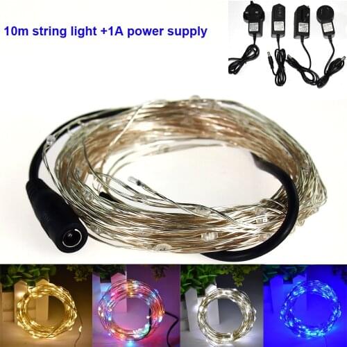 DC12V 10M 100 led LED Silver Color Copper Wire Fairy String Lights lamp+12V 1A adapter for Christmas Holiday Wedding and Party