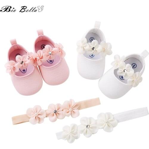 Cute Fabric Boutique Pearl Flowers Newborn Baby Girls First Walker and Headband 2pcs Pink White Girl Party Gifts