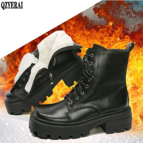 2020 Waterproof Women Snow Boots 100% Genuine Leather Wool Platform Motorcycle Boots For Women Winter Fur Warm Shoes