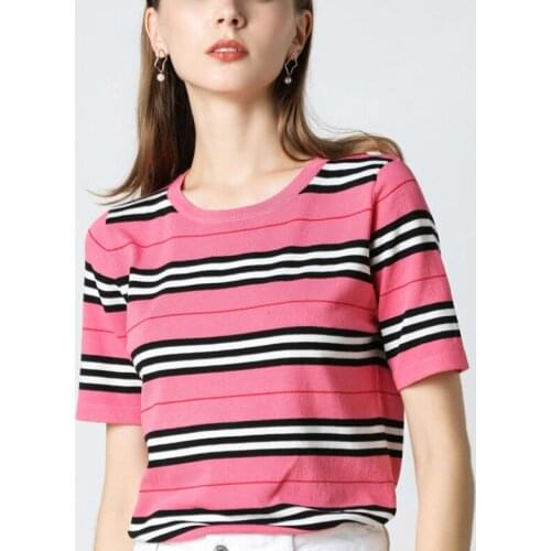 2021 Lente En Zomer Nieuwe Korte Mouwen Vrouw O-hals Gestreepte Trui Vest Slanke Mode Gebreide Dieptepunt T-shirt Grote Maat