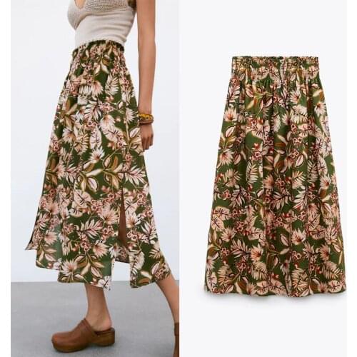2021 Printed Midi Skirts Women Za Casual Elastic High Waist Summer Skirt Fashion Side Slits Hem Sexy Pleated Female Skirts Mujer