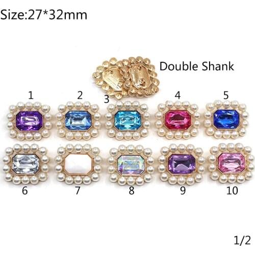 New 5Pc 27*32mm Rectangle Double Shank Pearl Buttons For Clothing Sewing Decorative Metal Flower Center Scrapbooking DIY