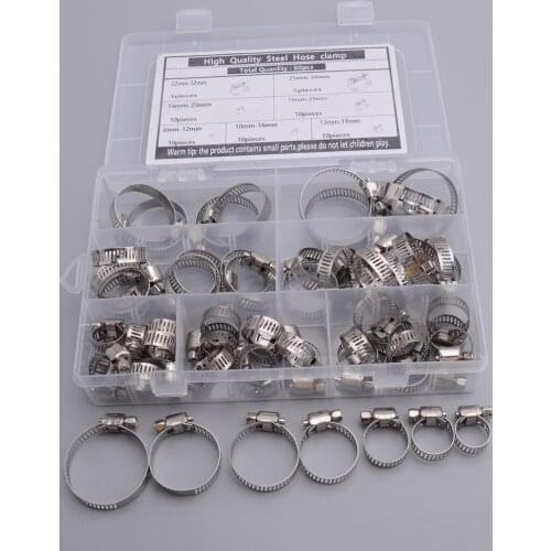 60pcs/set 7-Size Stainless Steel Clamp Assortment Hoop Hose Clamps w/ Box Car Silver for Fuel Line Worm Gear Hoses