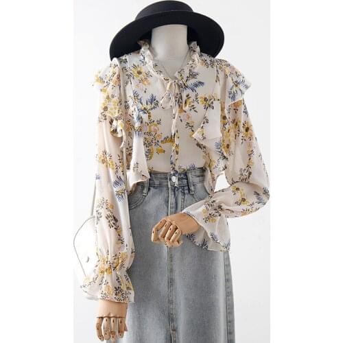 Floral Chiffon Women Shirts Ruffles Flare Sleeved Loose Office Lady Elegant Outwear Tops