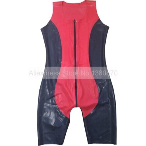 Two Way Front Zip Male Latex Rubber Sleeveless Sexy Catsuit with Short Legs Handmade Bodysuit Latex Suit S-LCM091