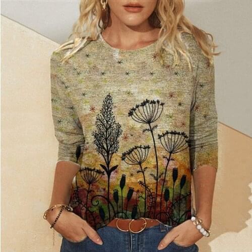 Oversized T Shirt Women Vintage Floral Print Long Sleeve Tops Tee Harajuku O-neck Loose Graphic Blouse Tops Tee Рубашки