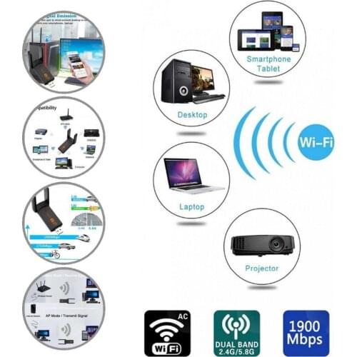 Intelligent Chip Black Intelligent Chip AC1900Mbps USB3.0 USB WiFi Card for Computer